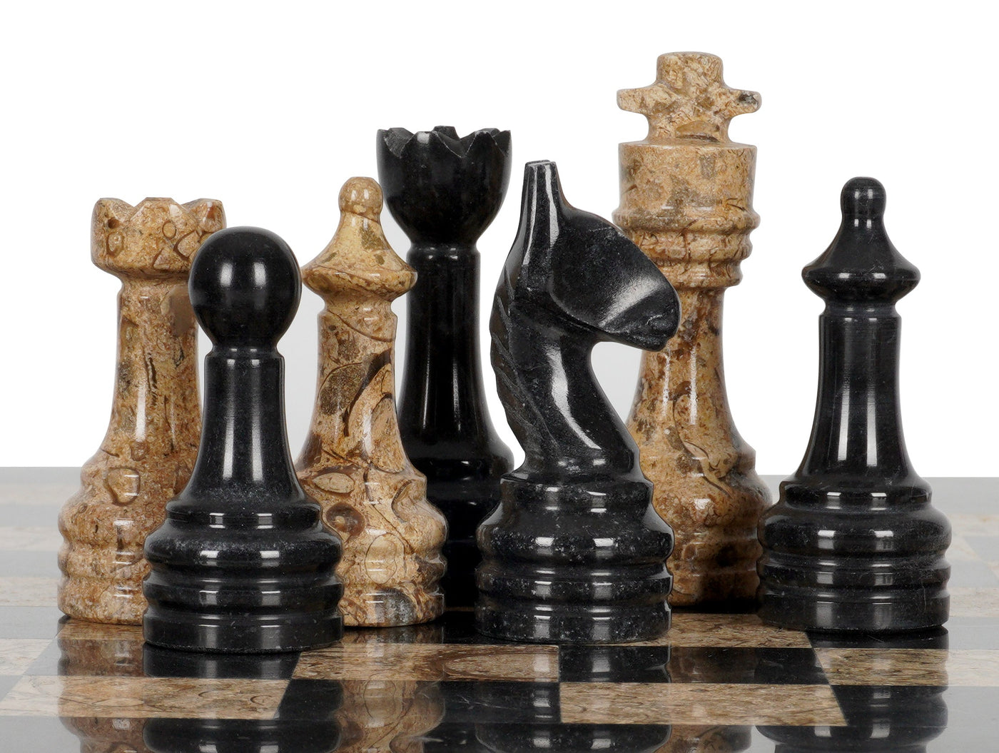 Marble Coral and Black Chess Set